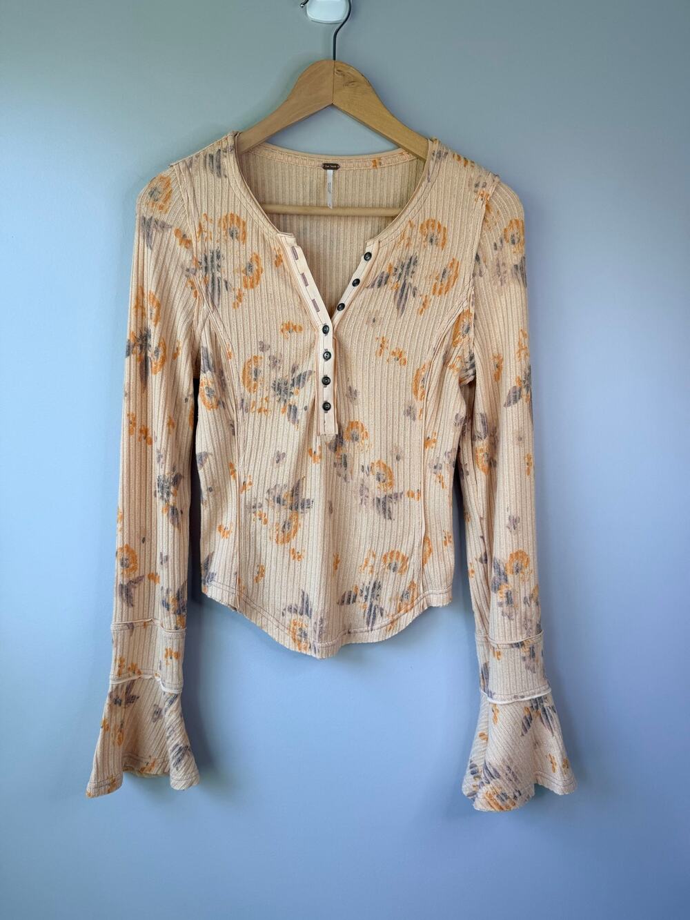 free people size S "layer me" floral ribbed henley top bell sleeves peach